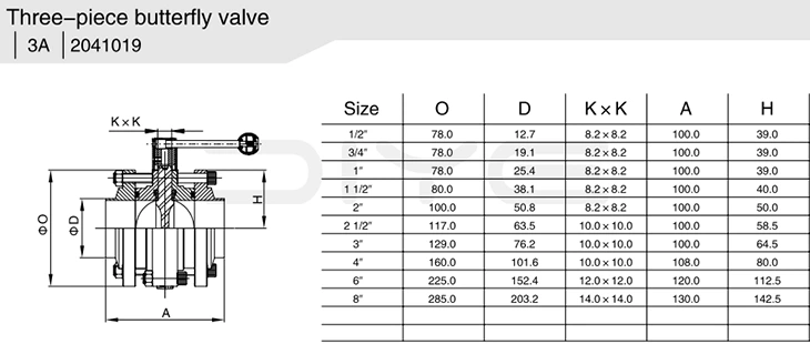 Sanitary 3-Piece Butterfly Valve